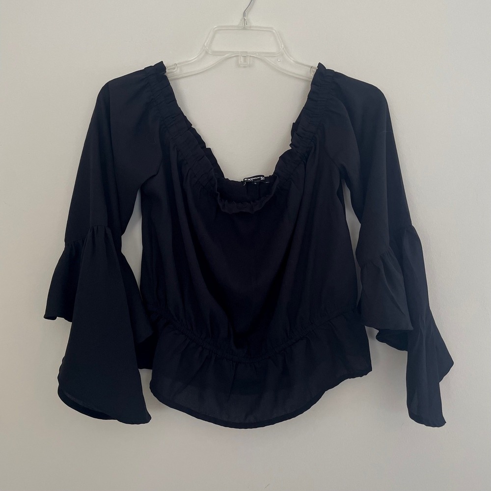 Express Black Off the Shoulder Flowy Bell Sleeve Peplum Blouse Goth Medium M Top